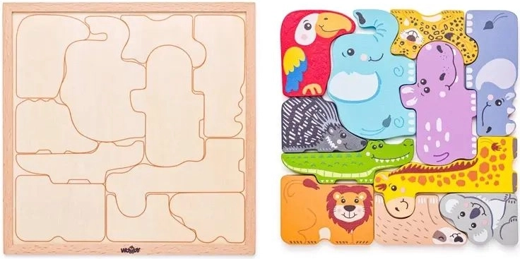 Kleurrijke dieren in een houten frame