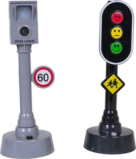Verkeersspel met verkeerslicht en flitspaal