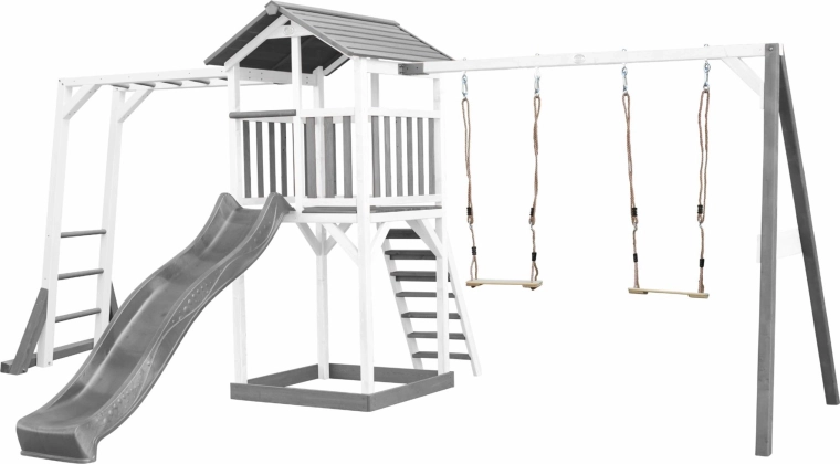 AXI houten kinderspeeltoestel voor in de tuin met toren, dubbele schommel en extra lange glijbaan