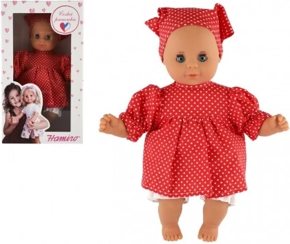 Babypop 30 cm in rode jurk met witte stippen en sjaaltje