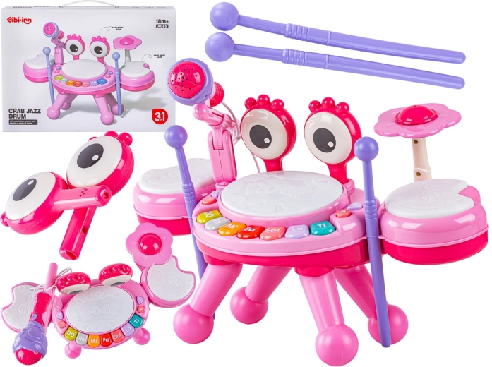 Educatieve mini-drums krab met pianootje en microfoon roze - 1 stuk