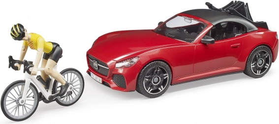 Bruder sportauto Dodge met vrouwelijke wielrenner-figuur en fiets