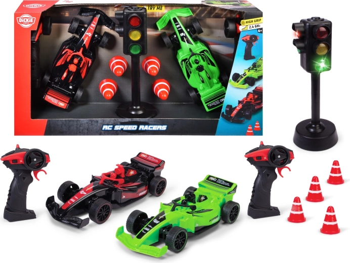 Dickie RC Speed Racers – set van twee raceauto's met afstandsbediening, lichtsignaal en kegels