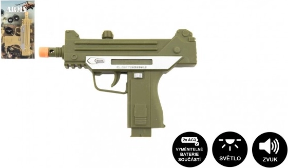 Pistool-machinepistool plastic 17,5 cm op batterijen met geluid en licht 2 kleuren op kaart