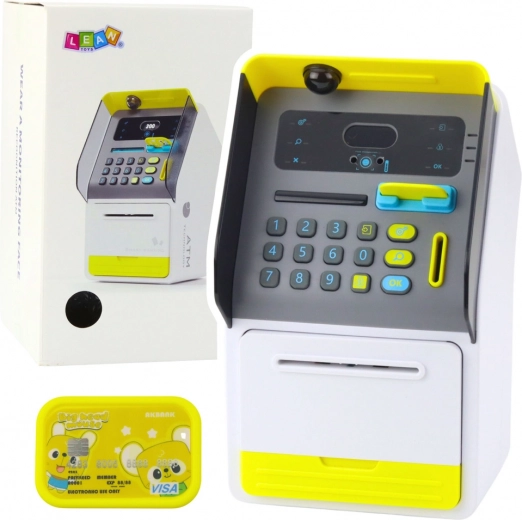 Gele speelgoedbankautomaat-kluis met pincode