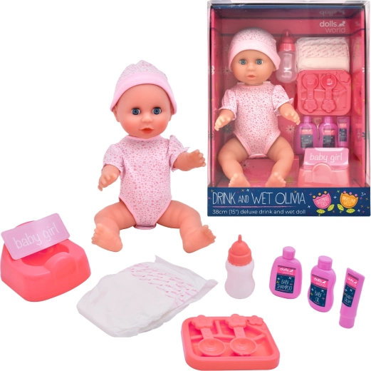 Dolls World baby Olivia 38 cm drinkt en plast met sluitende ogen en accessoires