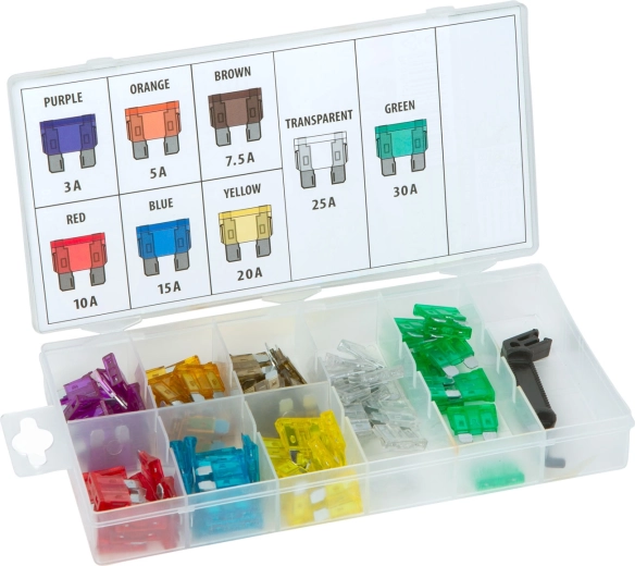 Set auto-steekzekeringen met zekeringtrekker in doos, 97 stuks, 3–30 A