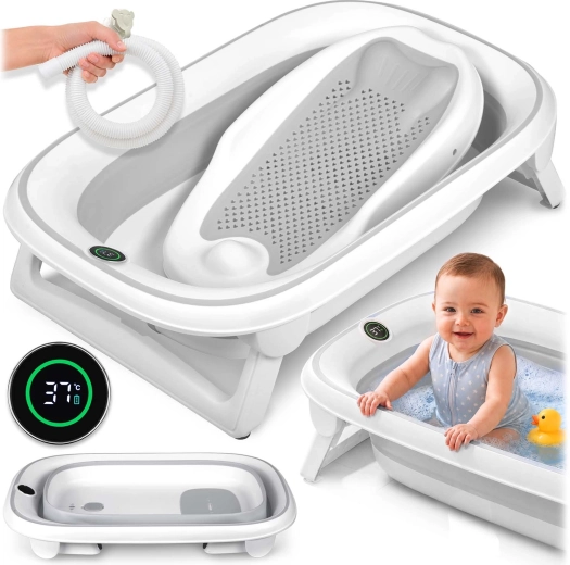 Nukido opvouwbaar babybadje met thermometer en newborn-inzet wit-grijs