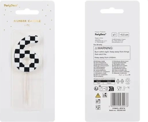 Verjaardagskaars cijfer 6 met schaakbordpatroon, 5,5 cm