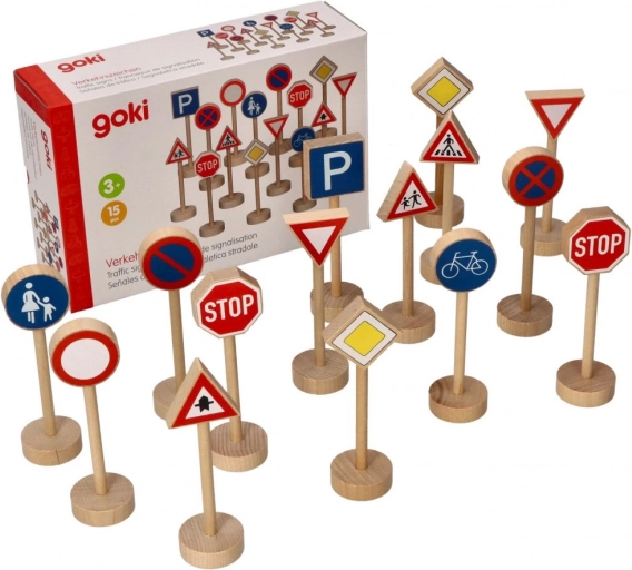 Goki houten verkeersborden, set van 15 stuks