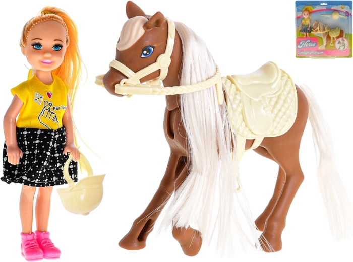 Pop met paard en rijuitrusting 13 cm