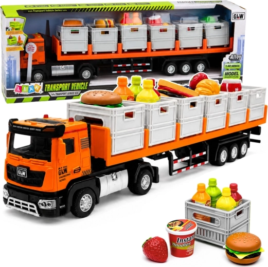 Transporttruck met oplegger en etenswaren op batterijen 1:40 oranje