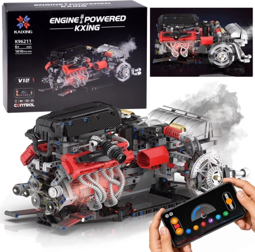 KXING technische bouwset – bouw een functionele V12-motor met stoomgenerator, 1610 onderdelen