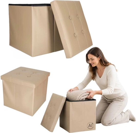 Opvouwbare opbergpoef van beige eco-leer 38 × 38 × 36 cm
