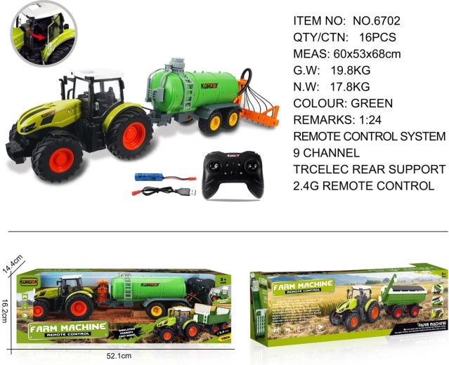 Op afstand bestuurbare tractor met groene tankwagen en hooischuiver 1:24
