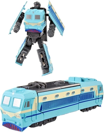 Metalen robot die kan worden omgevormd tot een blauwe locomotief