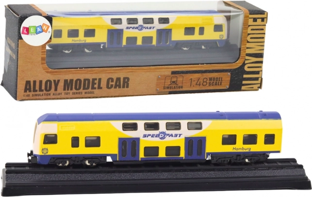 Metalen verzamelmodel van een geel‑blauwe trein 1:48