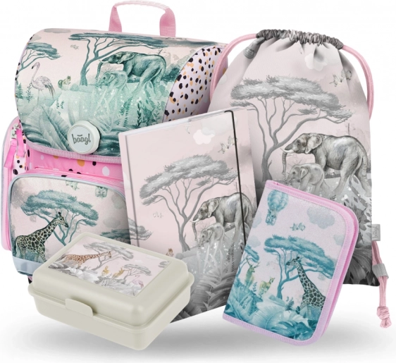 Schoolset BAAGL Safari: Ergonomische rugzak, etui, zak, mappen, doos