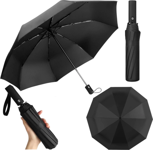 Automatische opvouwbare paraplu, 12 ribben, zwart, met hoes 105 cm