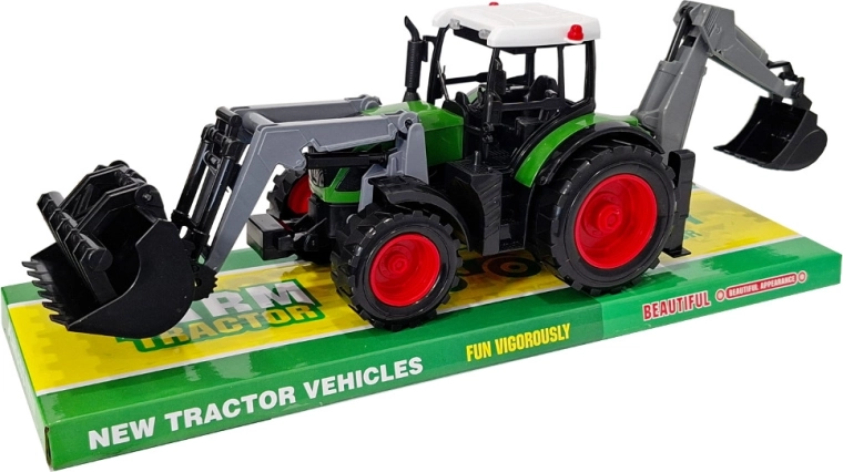 Bouwmachine – tractor met voorlader en achtergraafarm