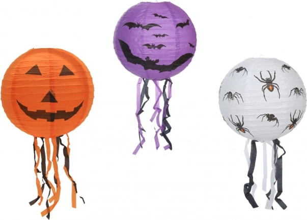 Papieren Halloweenlampion bol met franjes 30 cm, 3 motieven