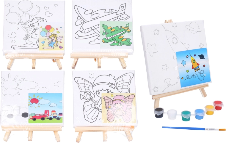 Kinder schilderset op canvas 15 × 15 cm met standaard, verf en penseel