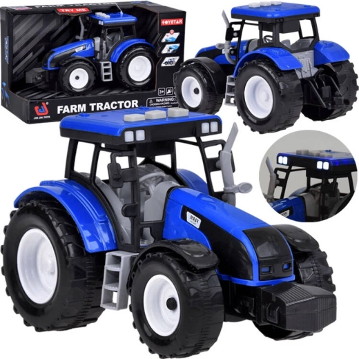 Blauwe tractor met pull-back-aandrijving en licht- en geluidseffecten