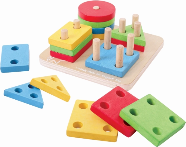 Bigjigs Baby houten sorteer- en stapelset met kleurrijke vormen op pinnen