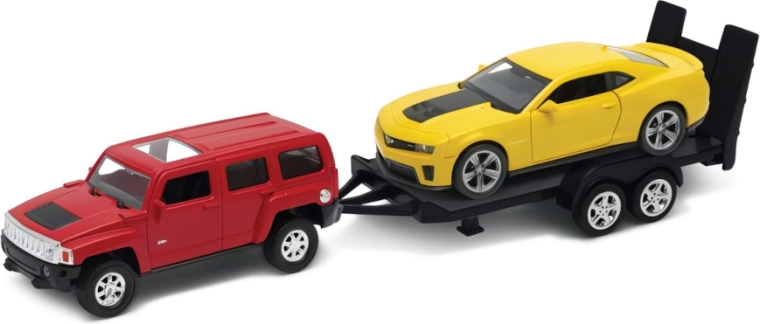 Welly autotransporter Hummer H3 met aanhanger en Chevrolet Camaro ZL1 1:34