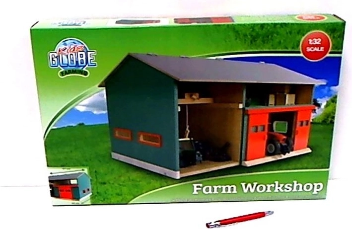 Kids Globe houten boerderijwerkplaats en garage met openklapbaar dak 1:32