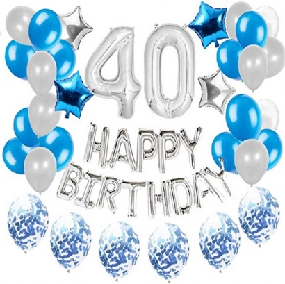 Ballonnenset voor de 40e verjaardag in zilver-blauw - 45 stuks