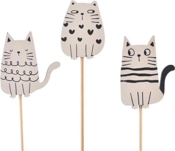 Decoratieve houten prikker Kat wit/zwart (6 stuks)