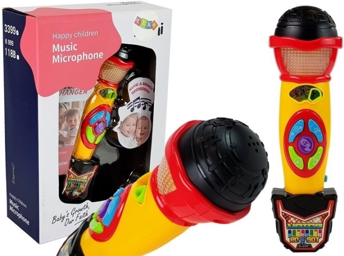 Kinder-karaokemicrofoon geel‑zwart met opname en lichteffecten