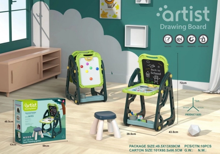 Multifunctioneel kindertableau 3+ magnetisch + krijtbord + krukje + kantoorbenodigdheden