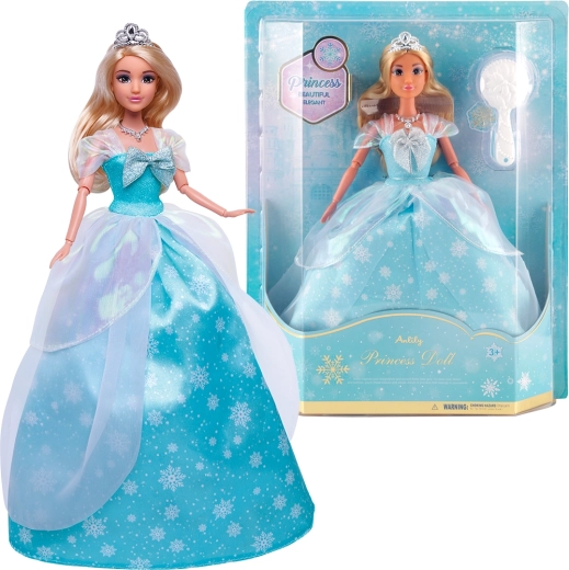 Modieuze pop in blauwe prinsessenjurk