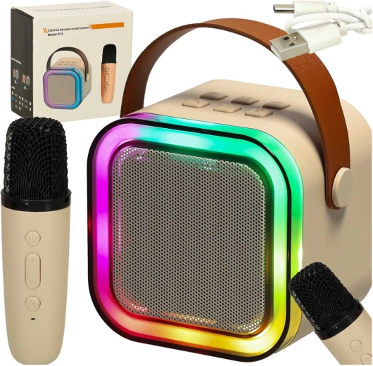 Karaoke set microfoon + draagbare luidspreker BLUETOOTH USB LED beige