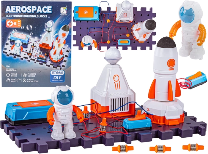 Wetenschappelijke experimenteerset – ruimteraket, astronaut en elektronisch circuit