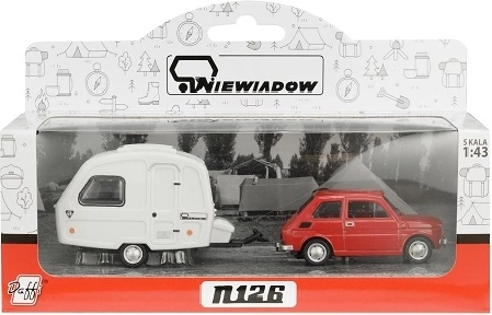 Fiat 126p met campingaanhanger Niewiadów rood