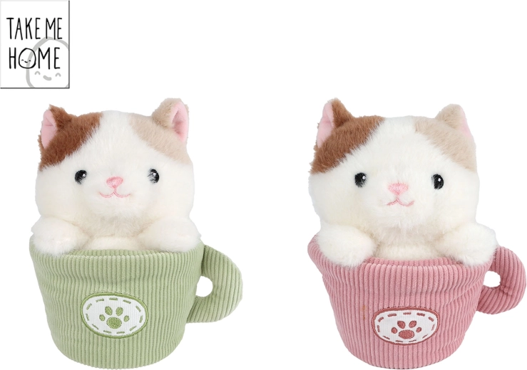 Pluchen kat in koffiemok Take Me Home 18 cm