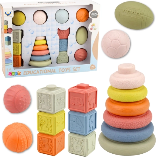 Sensorische set voor baby’s – zachte ballen, cijferblokjes en stapelringen, 18 stuks