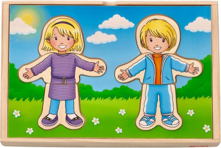 Houten puzzel voor kinderen Kleden met jongen en meisje