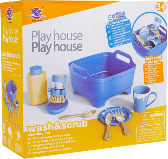 Blauwe schoonmaakset voor kinderen met servies