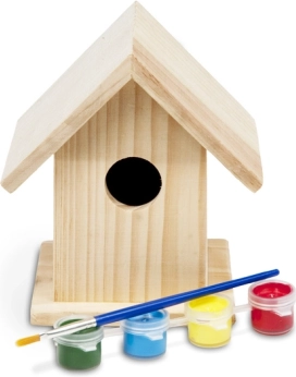 Kleine houten vogelhuisje om in te kleuren voor kinderen