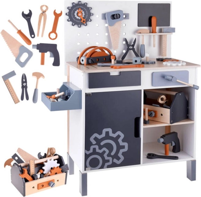 Houten werktafel voor kinderen met gereedschap en gereedschapsbox