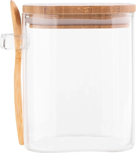 Vierkante voorraadpot van borosilicaatglas 800 ml met bamboedeksel en lepel