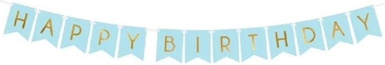 PartyDeco verjaardagbanner Happy Birthday lichtblauw met gouden opschrift 15 × 175 cm