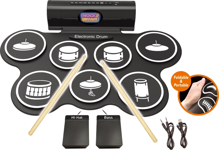 Elektronische drumstel met pedalen en lichteffecten
