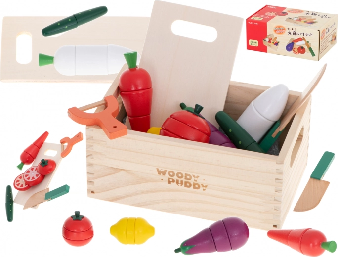 houten magnetische groenten om te snijden in een kistje met accessoires