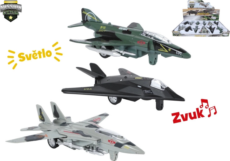 Militair vliegtuig Mission Control 15,5 cm met licht, geluid en pull-back