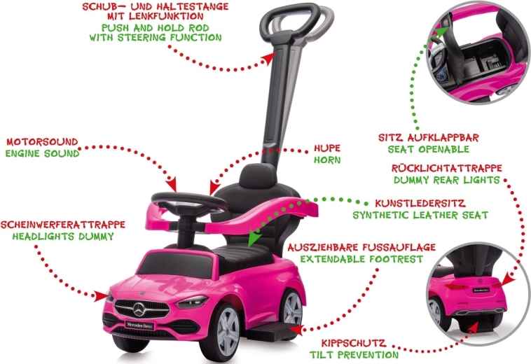 Roze Mercedes-Benz C-Class 3-in-1-loopauto voor kinderen